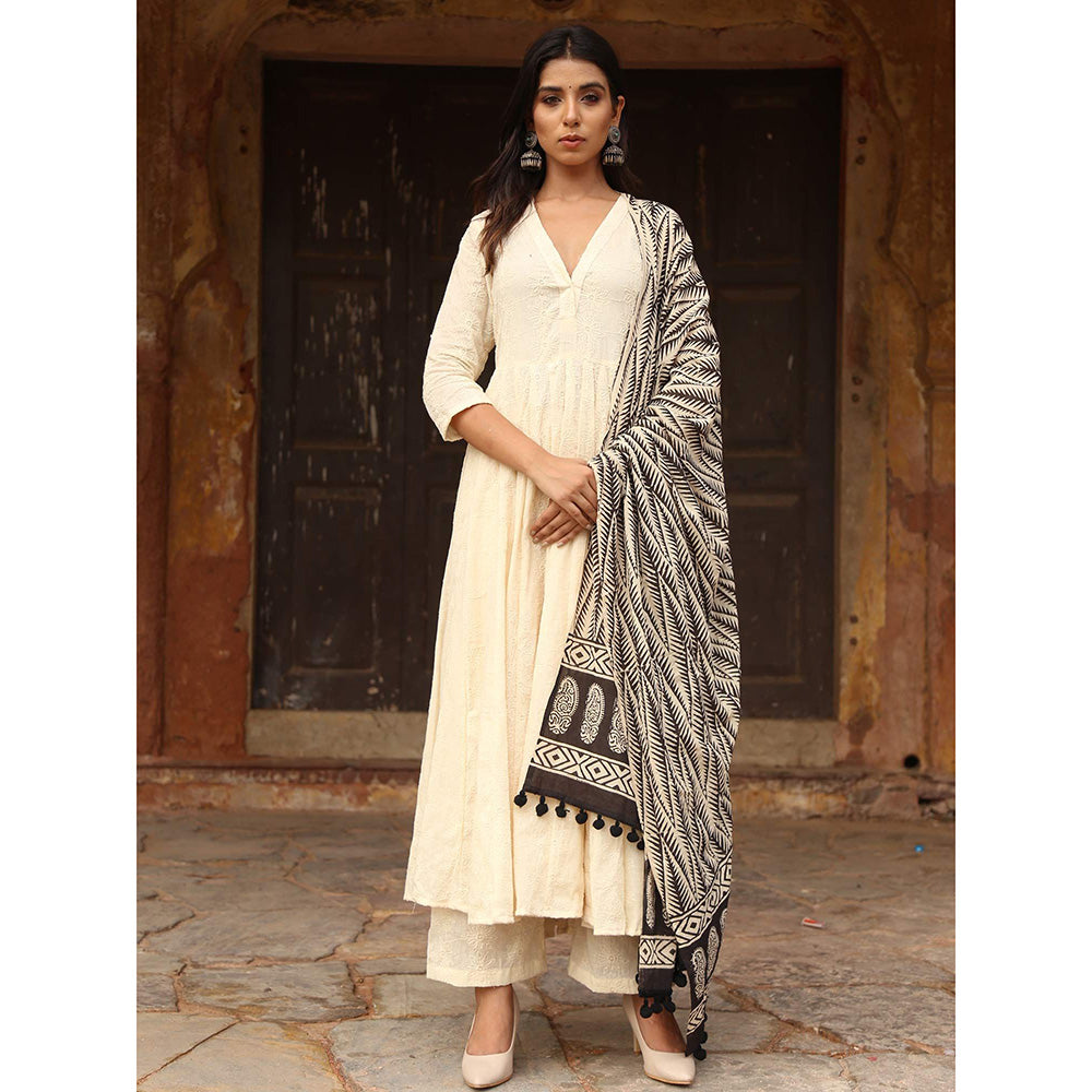 Gulabo Jaipur Maya Off White Chikan Kurta With Pant & Cotton Dupatta (Set of 3)