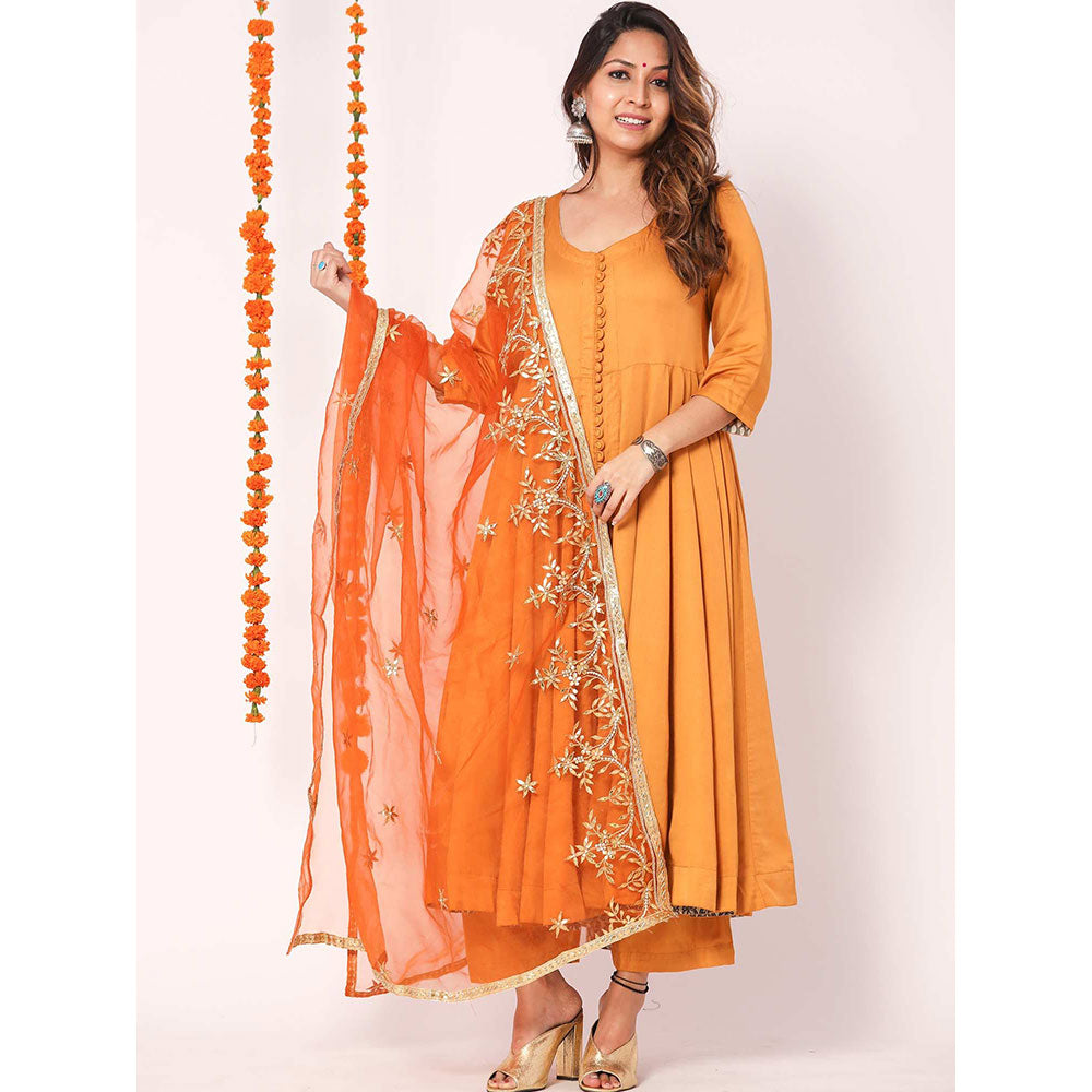 Gulabo Jaipur Orange Mudaal Kurta With Pant & Organza And Gottapatti Work Dupatta (Set of 3)