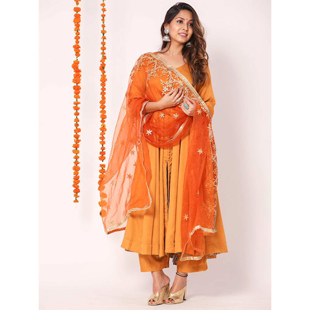 Gulabo Jaipur Orange Mudaal Kurta With Pant & Organza And Gottapatti Work Dupatta (Set of 3)