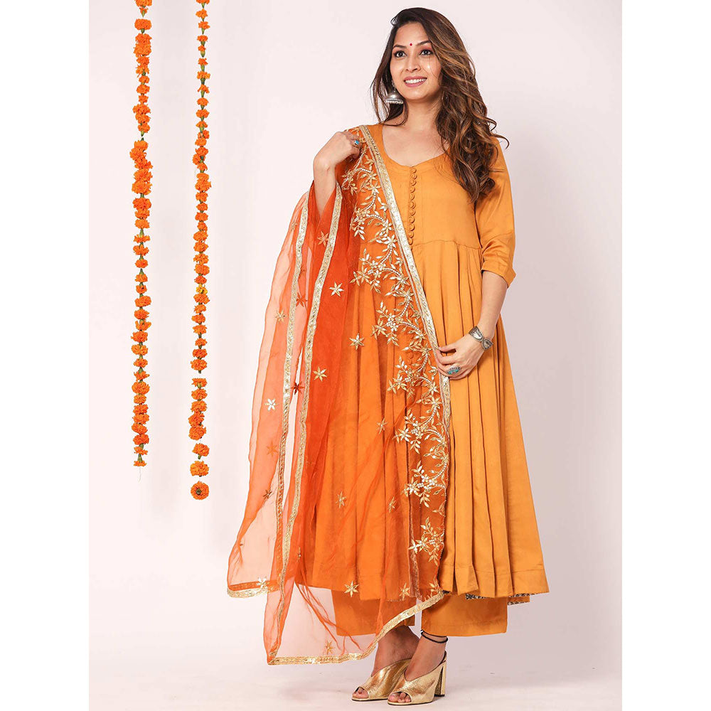 Gulabo Jaipur Orange Mudaal Kurta With Pant & Organza And Gottapatti Work Dupatta (Set of 3)