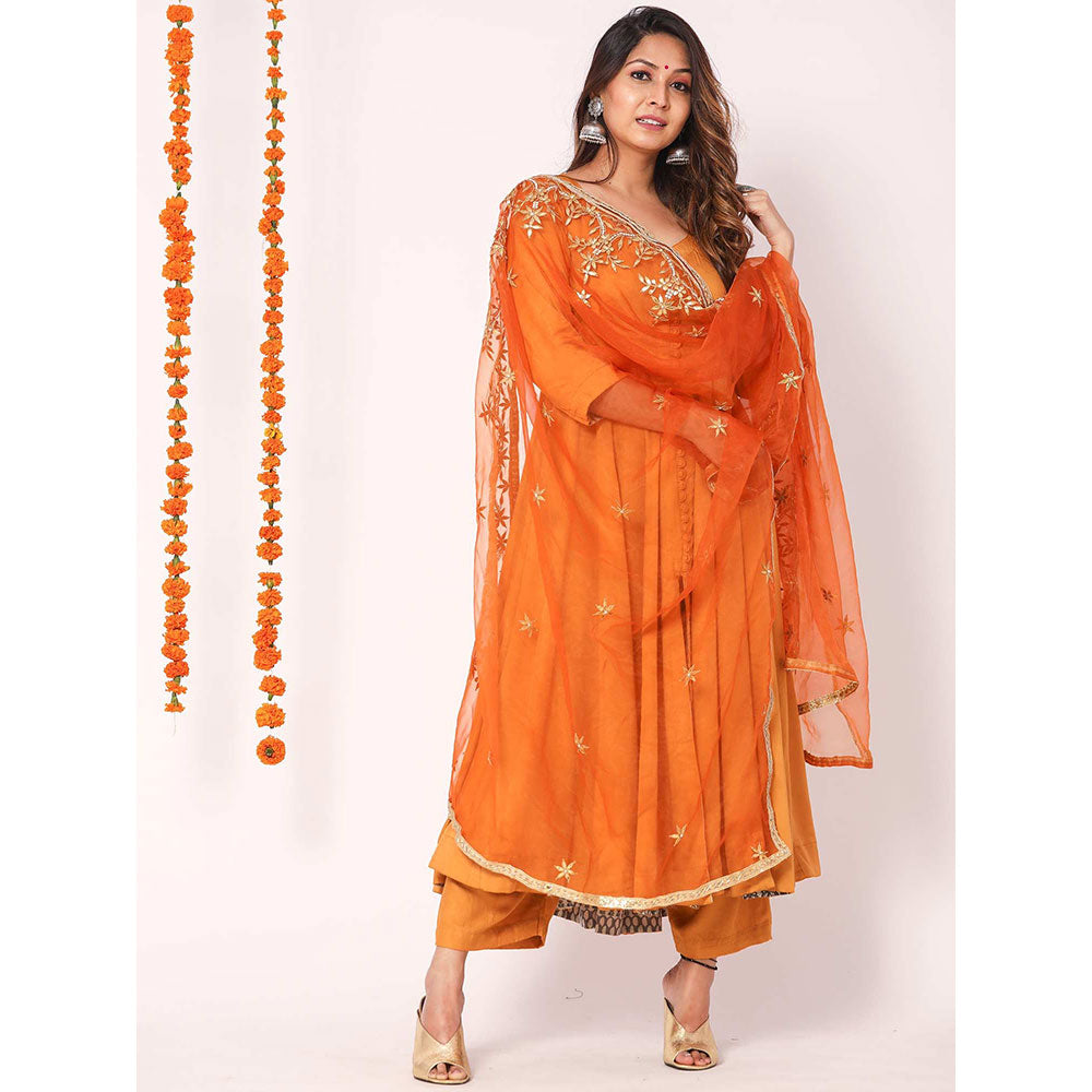 Gulabo Jaipur Orange Mudaal Kurta With Pant & Organza And Gottapatti Work Dupatta (Set of 3)