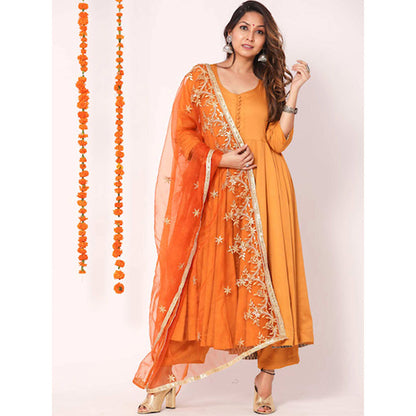 Gulabo Jaipur Orange Mudaal Kurta With Pant & Organza And Gottapatti Work Dupatta (Set of 3)