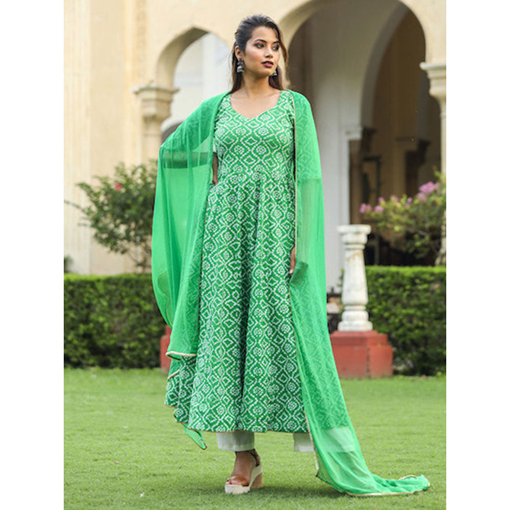 Gulabo Jaipur Green Cotton Anarkali With Pant & Chiffon Dupatta (Set of 3)