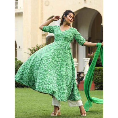 Gulabo Jaipur Green Cotton Anarkali With Pant & Chiffon Dupatta (Set of 3)
