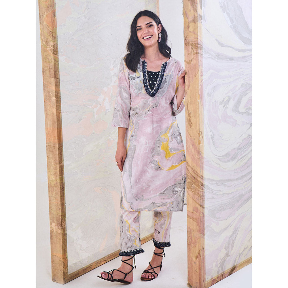 Gulaal Black & Yellow Marble Kurta-Pant (Set of 3)