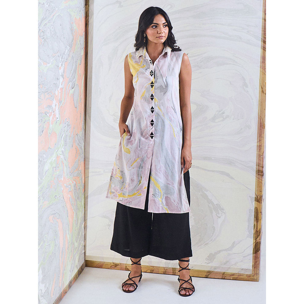 Gulaal Black & Yellow Marble Sleeveless Kurta-Pant (Set of 2)