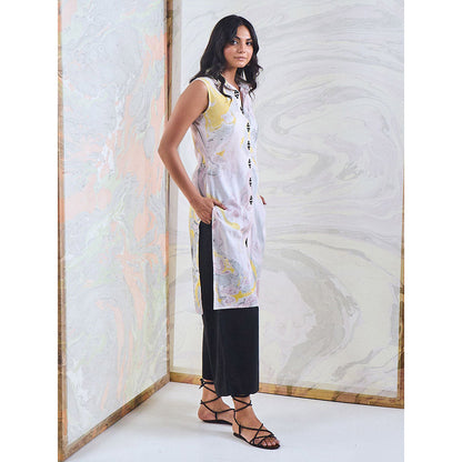 Gulaal Black & Yellow Marble Sleeveless Kurta-Pant (Set of 2)