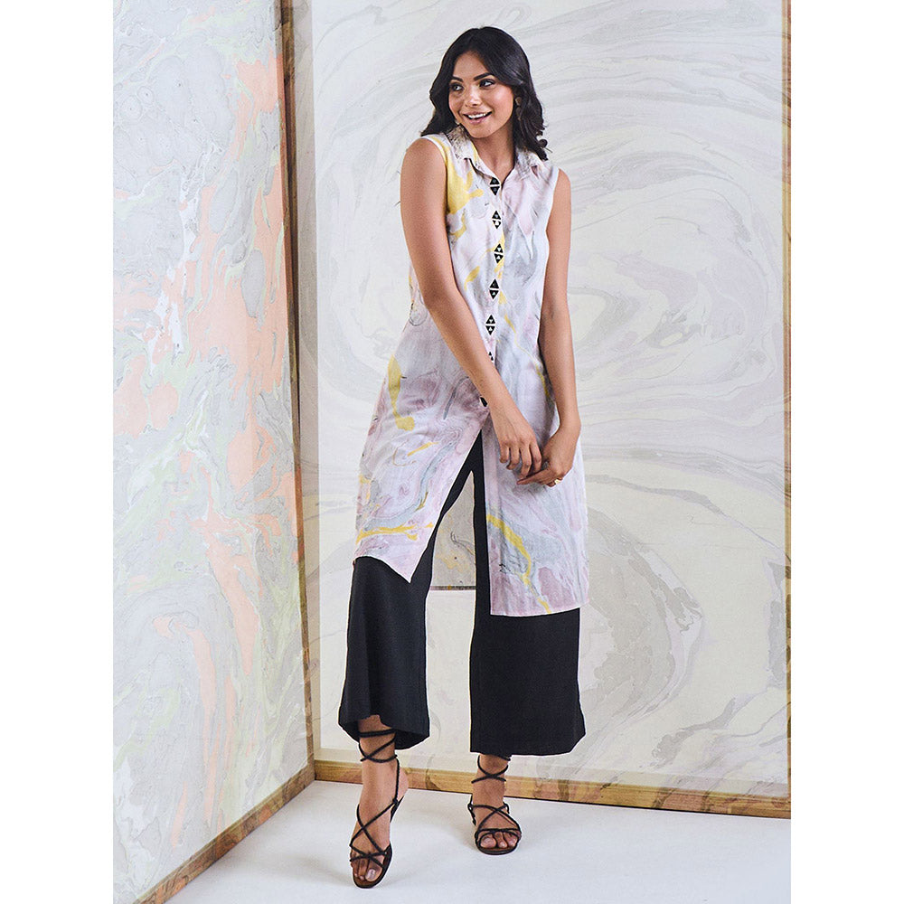 Gulaal Black & Yellow Marble Sleeveless Kurta-Pant (Set of 2)