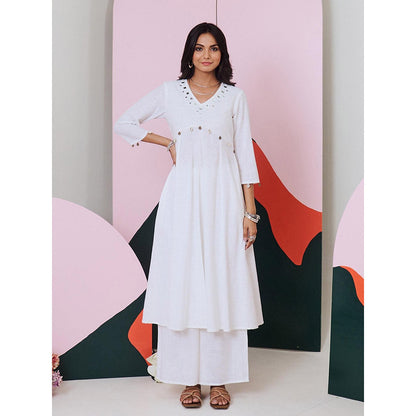 Gulaal Ajuni White Mirror Embroidered Kurta Palazzo with Chanderi Dupatta (Set of 3)