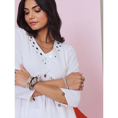 Gulaal Ajuni White Mirror Embroidered Kurta Palazzo with Chanderi Dupatta (Set of 3)