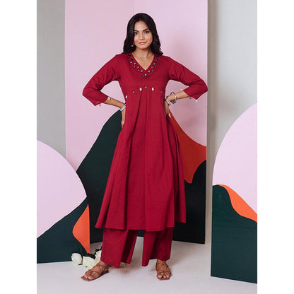 Gulaal Ajuni Maroon Mirror Embroidered Kurta Palazzo with Chanderi Dupatta (Set of 3)