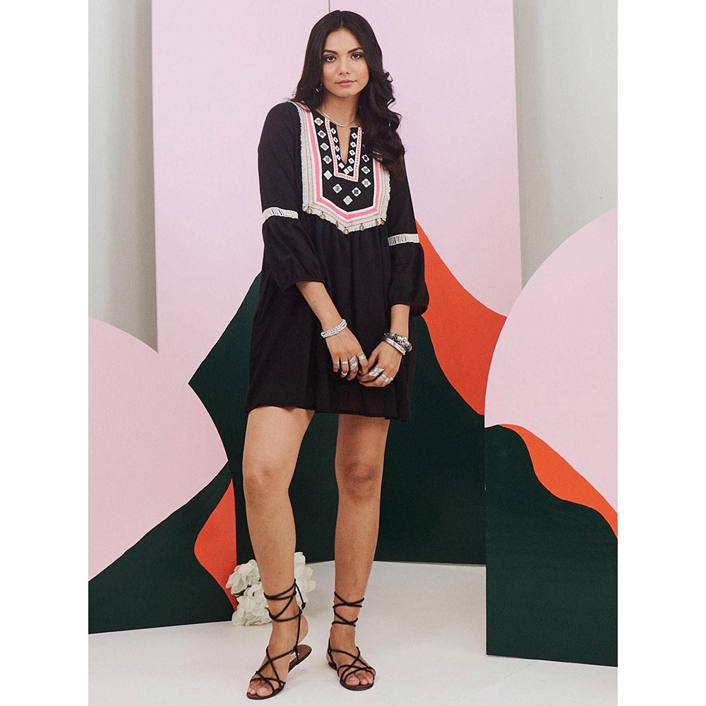 Gulaal Veronica Black Mirror Work Short Dress with Lace Detailing