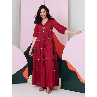 Gulaal Piku Maroon Mirror Embroidered Tier Maxi Dress