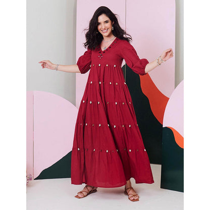 Gulaal Piku Maroon Mirror Embroidered Tier Maxi Dress