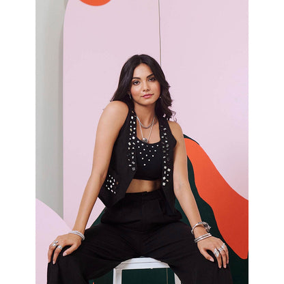 Gulaal Aaina Black Mirror Embroidered Waist Coat, Bralette & Pant (Set of 3)