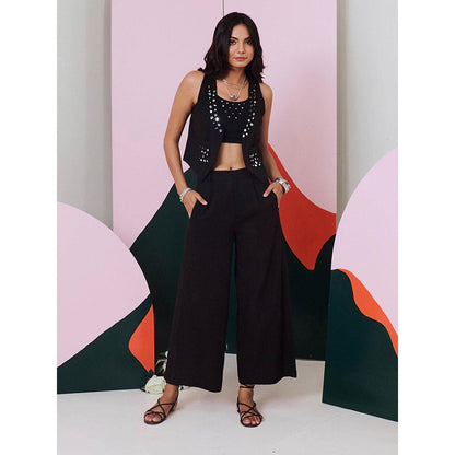 Gulaal Aaina Black Mirror Embroidered Waist Coat, Bralette & Pant (Set of 3)