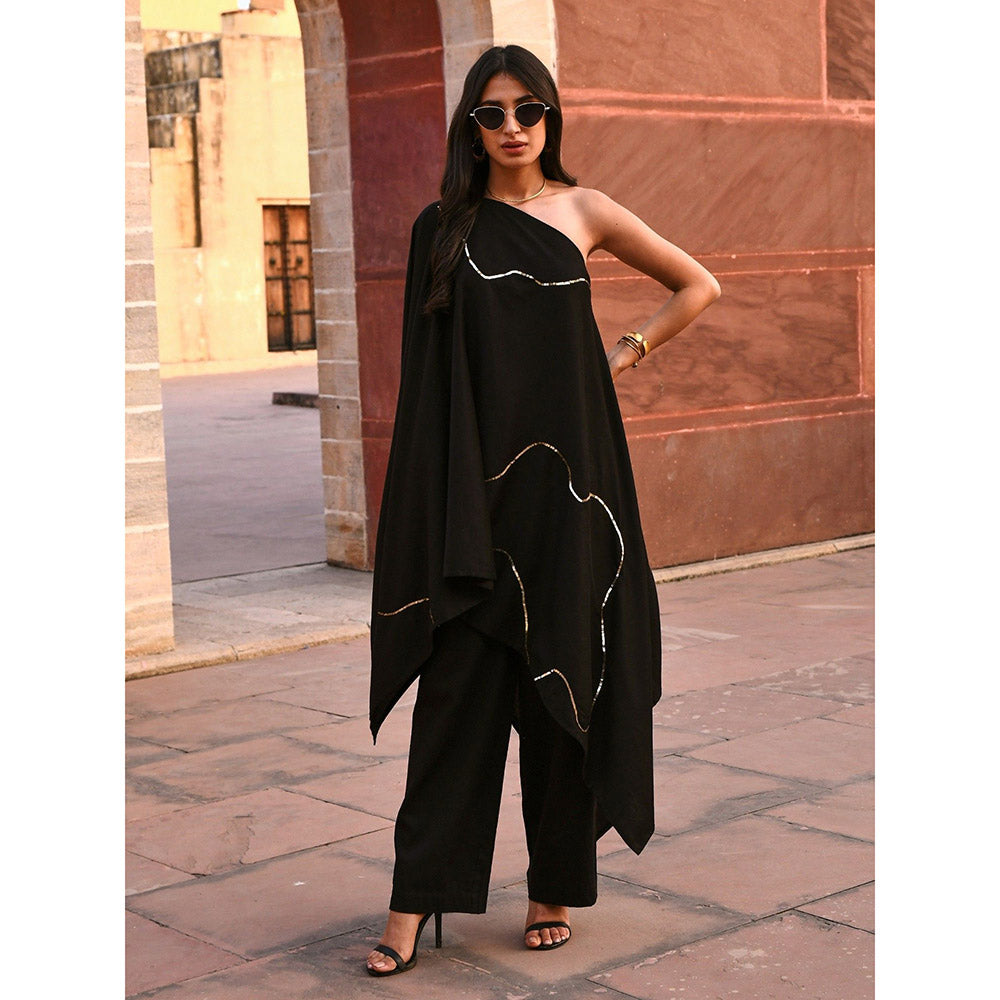 Gulaal Tiana Black One Shoulder Kaftan-Pant (Set of 2)