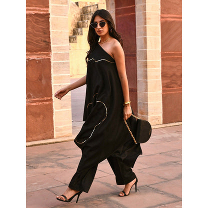 Gulaal Tiana Black One Shoulder Kaftan-Pant (Set of 2)