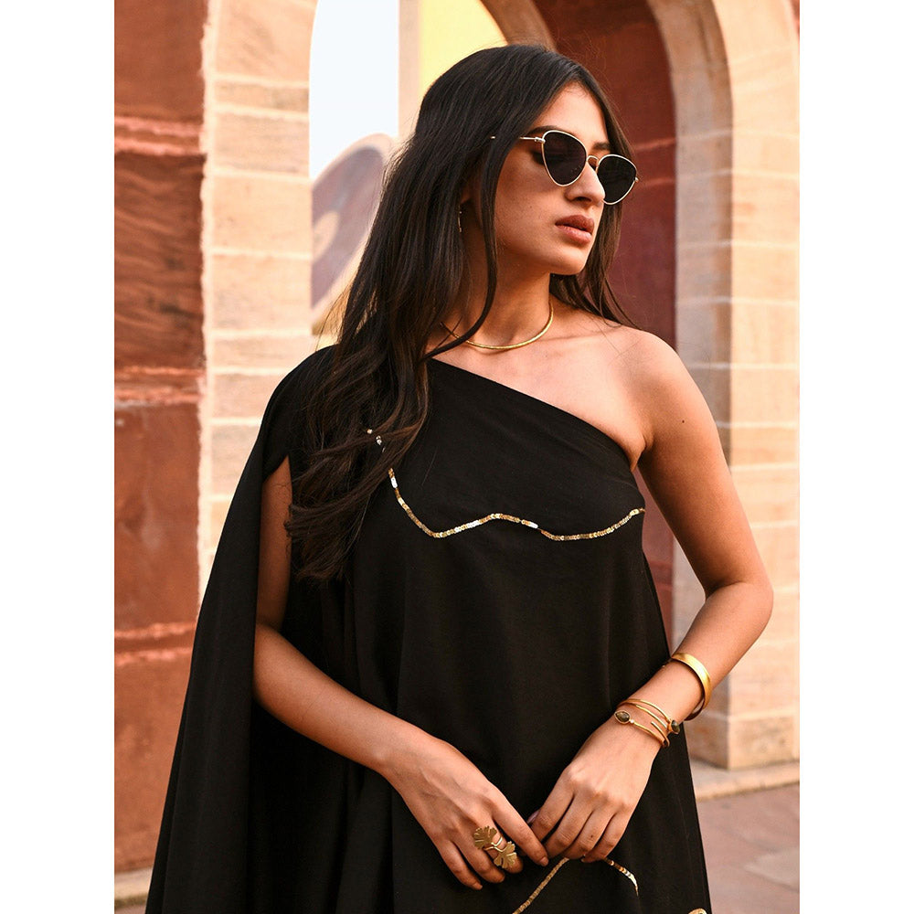 Gulaal Tiana Black One Shoulder Kaftan-Pant (Set of 2)