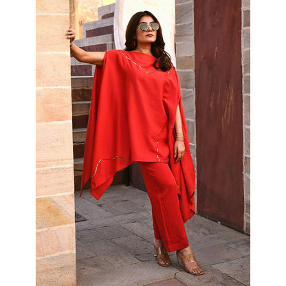 Gulaal Tiana Red One Shoulder Kaftan-Pant (Set of 2)