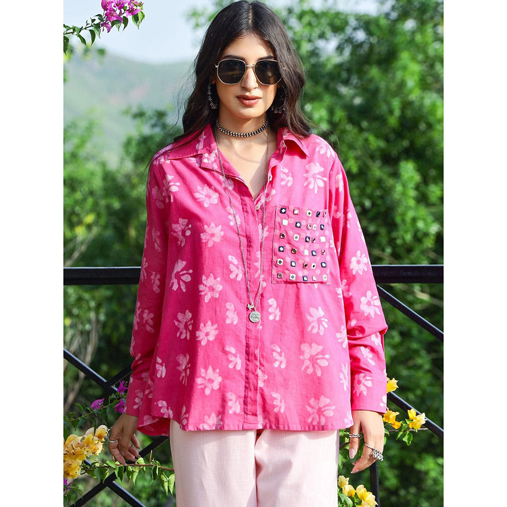 Gulaal Pink Floral Dabu Printed Loose Fit Shirt and Cargo Pant (Set of 2)