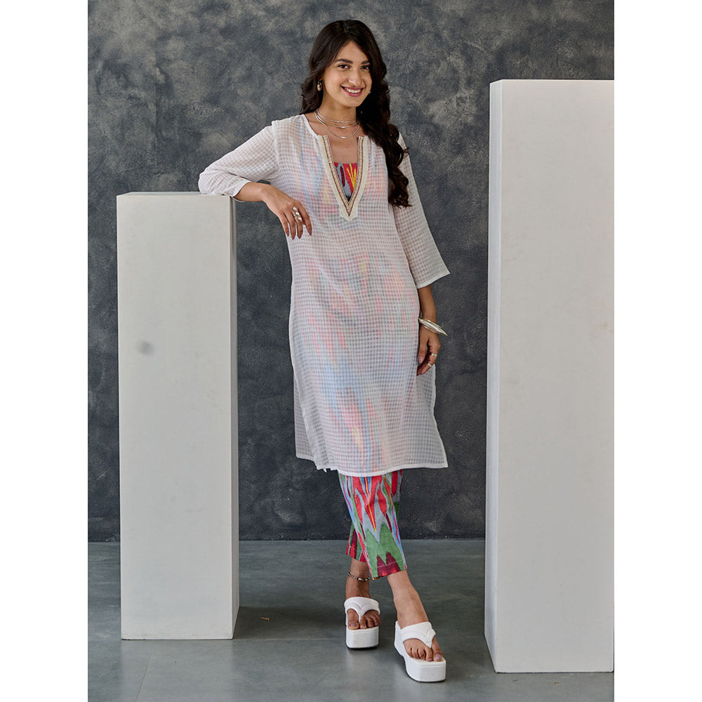 Gulaal Joy White Ikat Print Cotton Kurta Pant with Bralette (Set of 3)