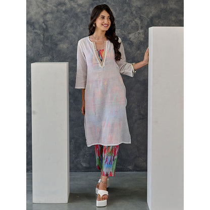 Gulaal Joy White Ikat Print Cotton Kurta Pant with Bralette (Set of 3)