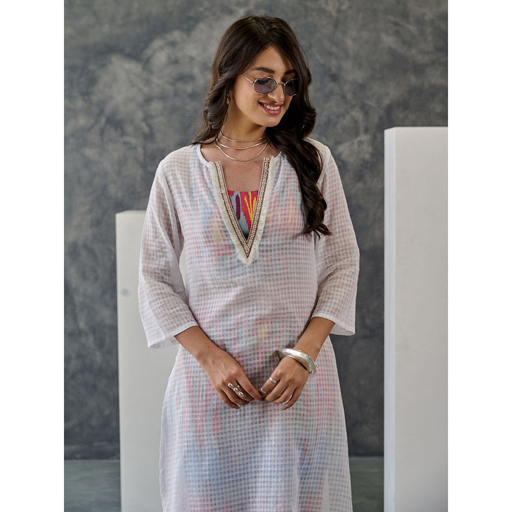 Gulaal Joy White Ikat Print Cotton Kurta Pant with Bralette (Set of 3)