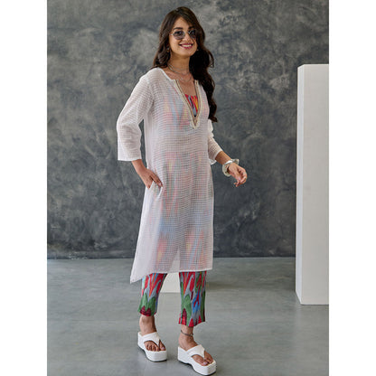 Gulaal Joy White Ikat Print Cotton Kurta Pant with Bralette (Set of 3)