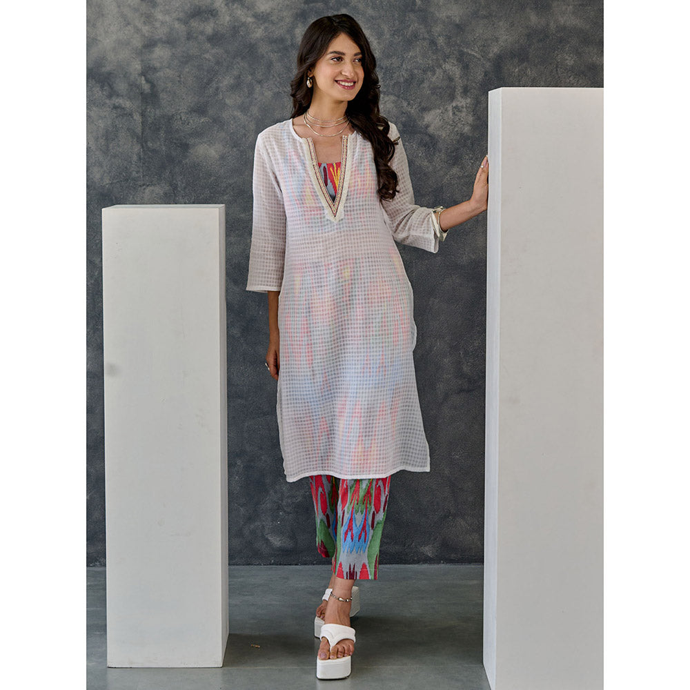 Gulaal Joy White Ikat Print Cotton Kurta Pant (Set of 2)
