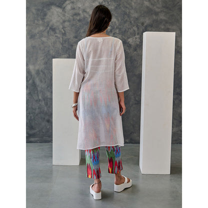 Gulaal Joy White Ikat Print Cotton Kurta Pant (Set of 2)