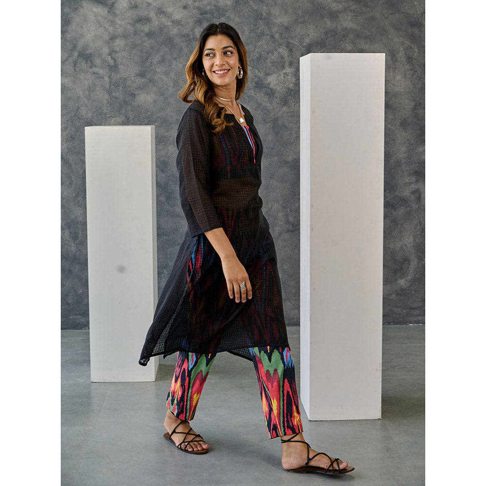Gulaal Noir Black Ikat Print Cotton Kurta Pant with Bralette (Set of 3)