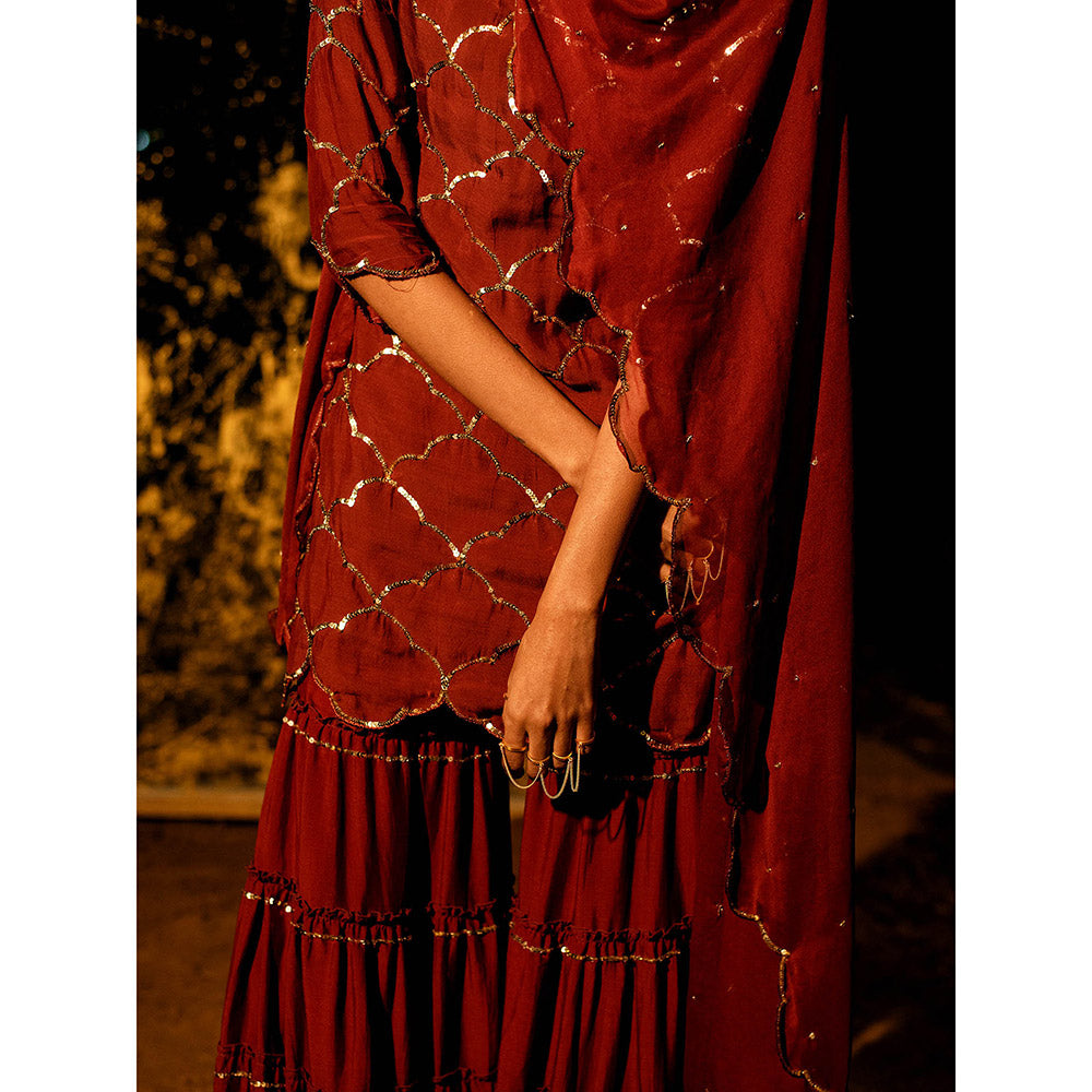 Gulaal Vilasini Sequin Kurta with Sharara & Dupatta Maroon (Set of 3)