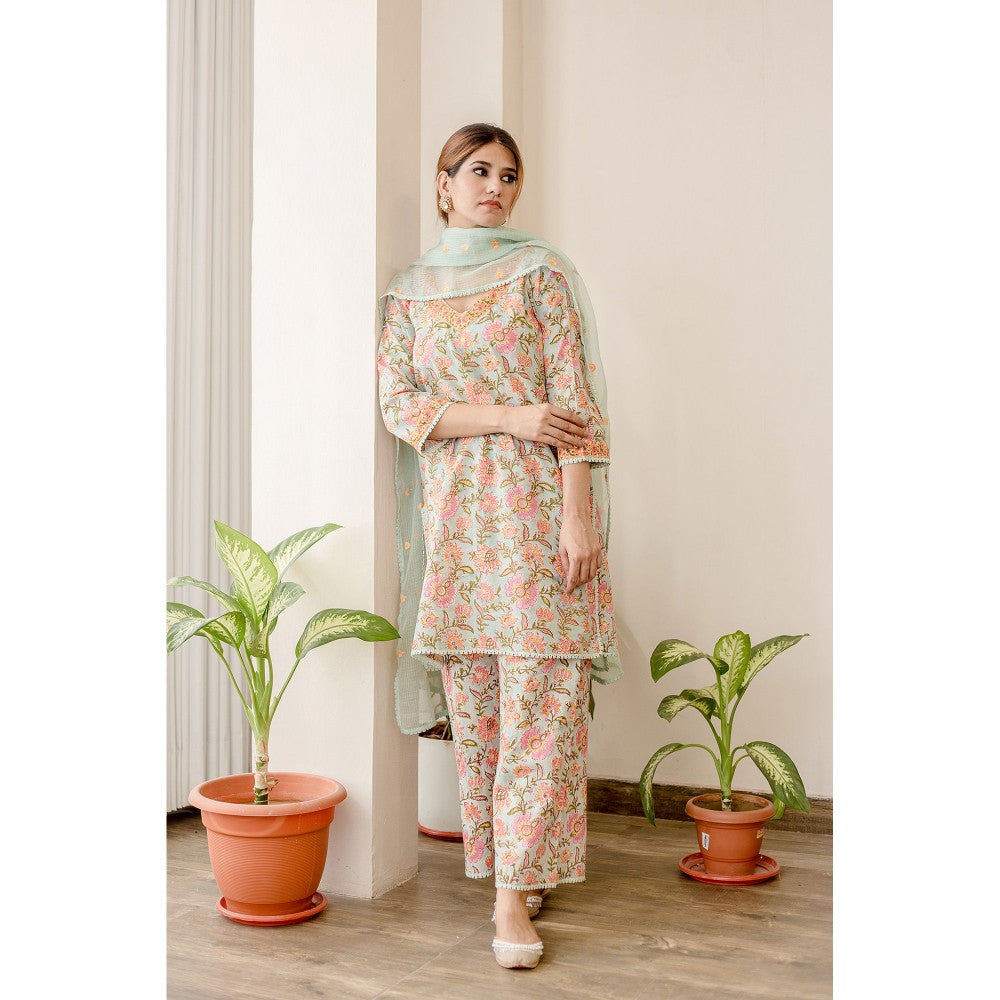 Gulabo Jaipur Lily Aqua Straight Kurta with Pants & Dupatta (Set of 3)