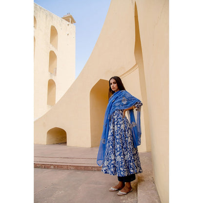 Gulabo Jaipur Sunflower Blue Anarkali Suit (Set of 3)