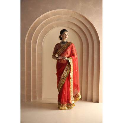 Gulabo Jaipur Gurez Saree-Red with Unstitched Blouse
