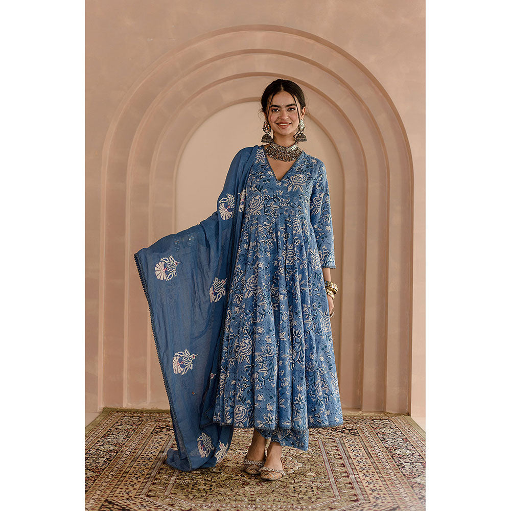 Gulabo Jaipur Shaila Anarkali-Pant with Dupatta-Blue (Set of 3)
