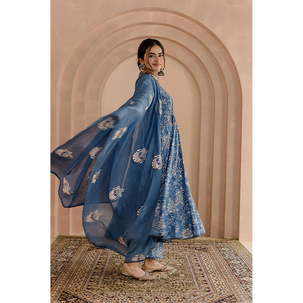 Gulabo Jaipur Shaila Anarkali-Pant with Dupatta-Blue (Set of 3)