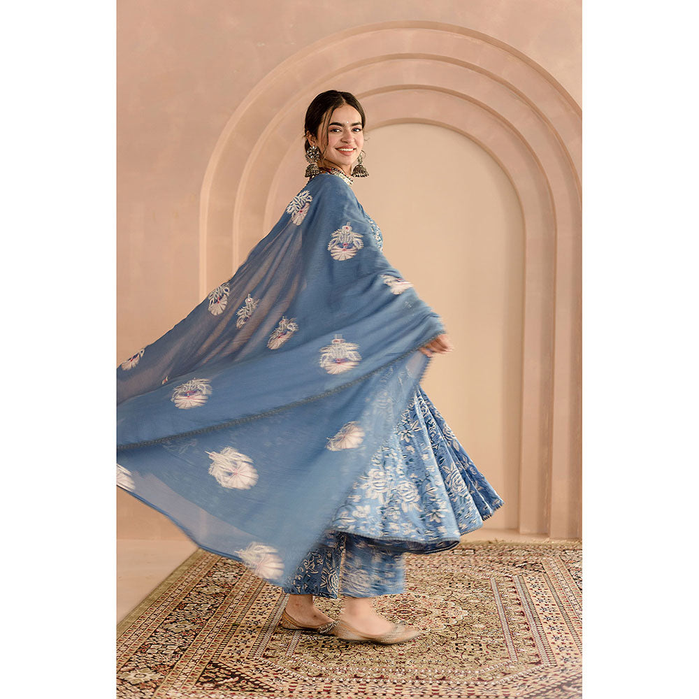 Gulabo Jaipur Shaila Anarkali-Pant with Dupatta-Blue (Set of 3)