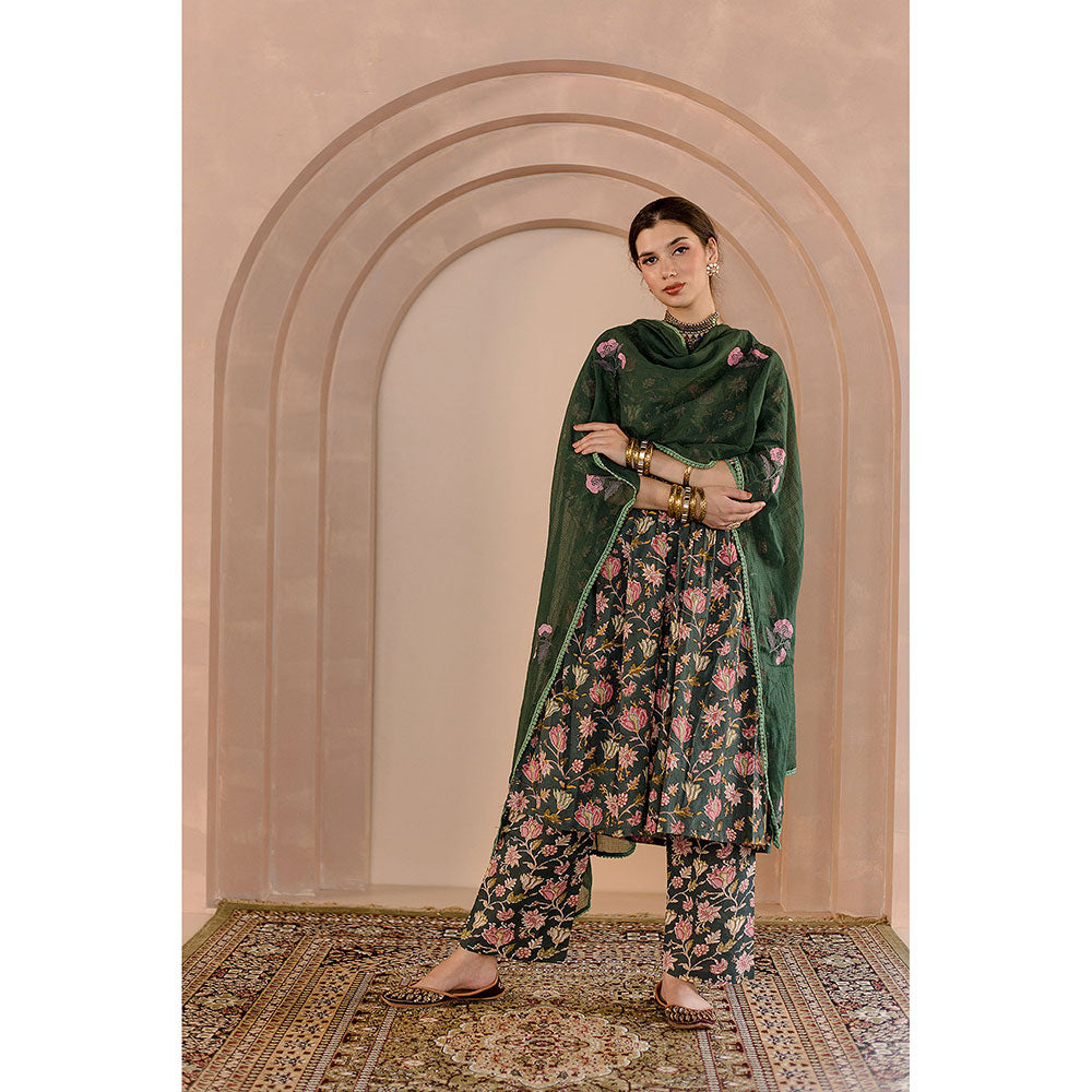 Gulabo Jaipur Sparrow Anarkali-Pant with Dupatta-Green (Set of 3)