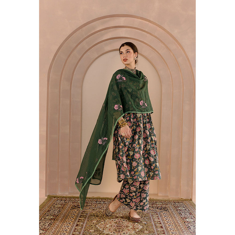 Gulabo Jaipur Sparrow Anarkali-Pant with Dupatta-Green (Set of 3)