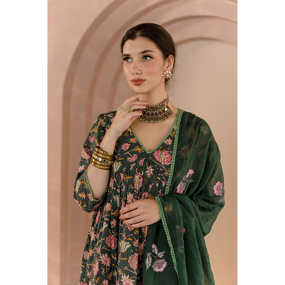 Gulabo Jaipur Sparrow Anarkali-Pant with Dupatta-Green (Set of 3)