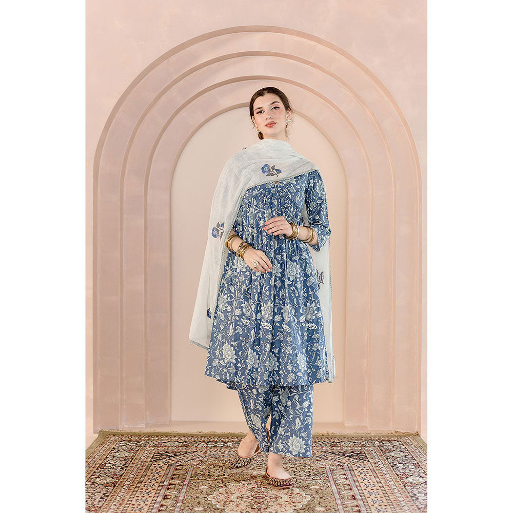 Gulabo Jaipur Sparrow Anarkali-Pant with Dupatta-Blue (Set of 3)