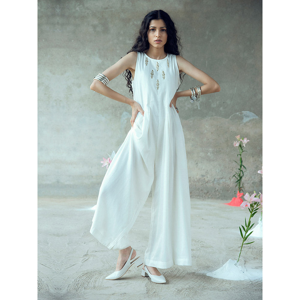 Gulaal Vividha White Pitthan Work Sleeveless Jumpsuit