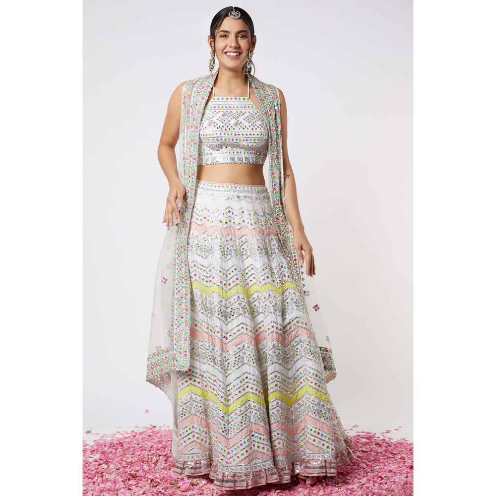Gopi Vaid Noor Chevron Lehenga with Cape (Set of 3)