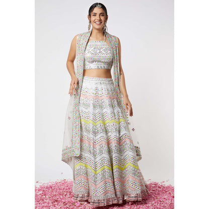 Gopi Vaid Noor Chevron Lehenga with Cape (Set of 3)