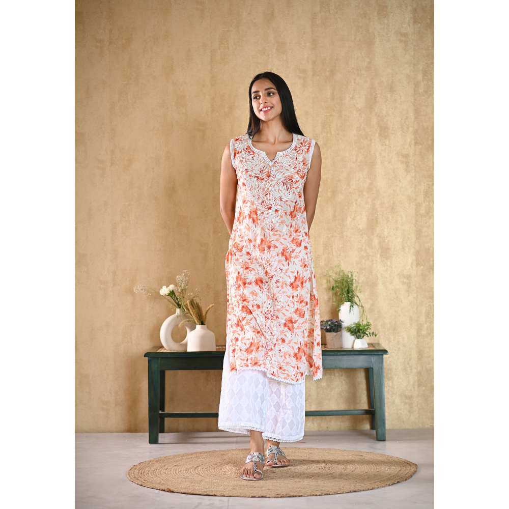 House of Chikankari Juman Chikankari Mulmul Sleeveless Straight Kurta