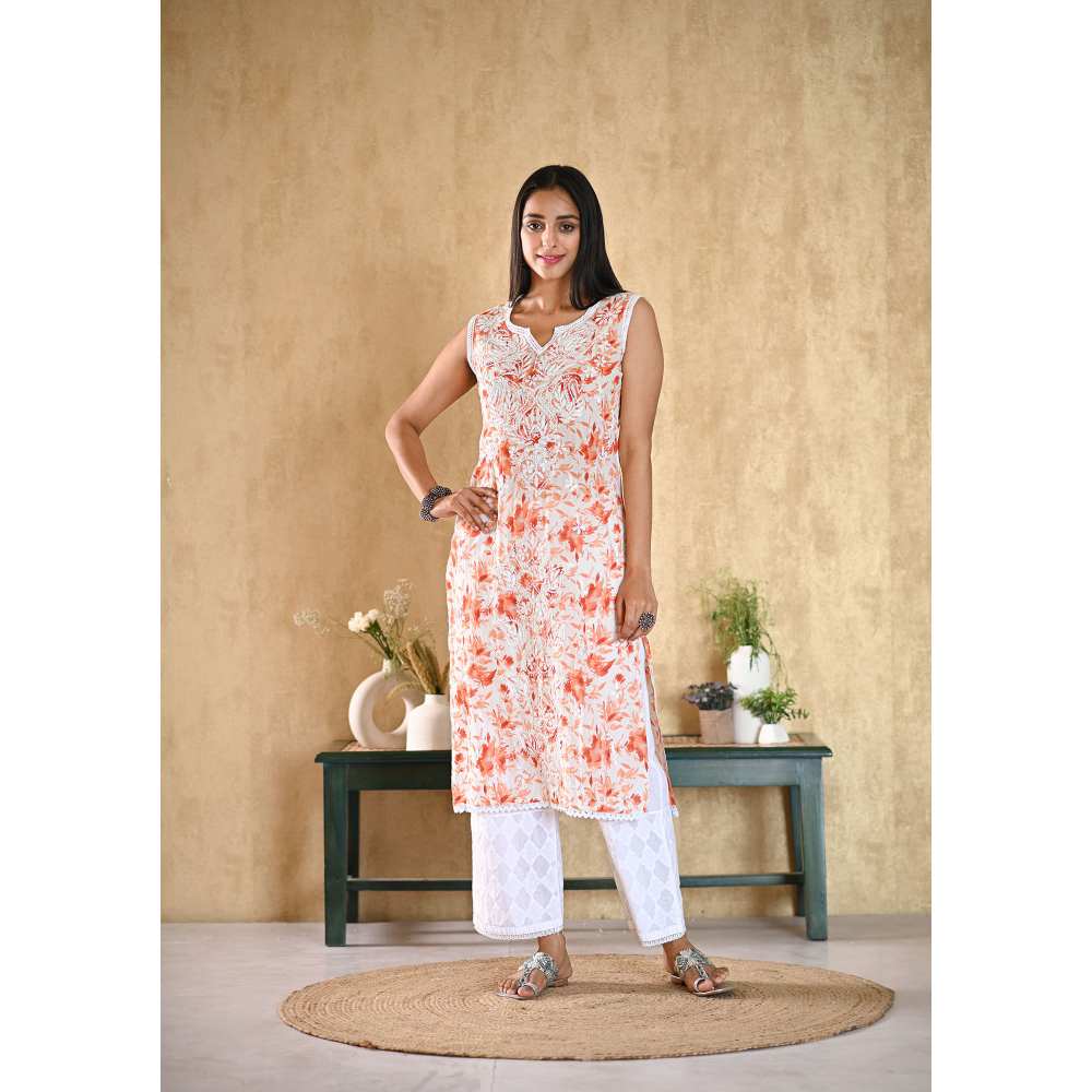 House of Chikankari Juman Chikankari Mulmul Sleeveless Straight Kurta
