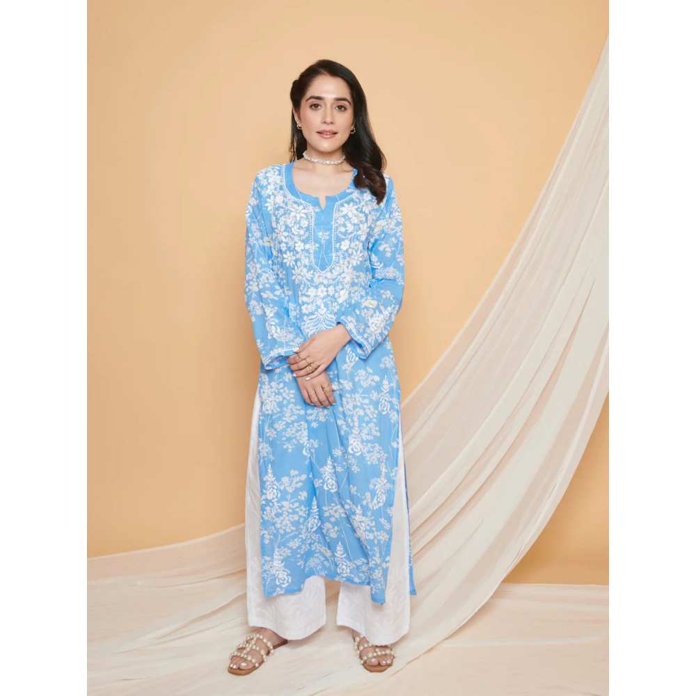 House of Chikankari Zainab Chikankari Mulmul Straight Kurta - Blue