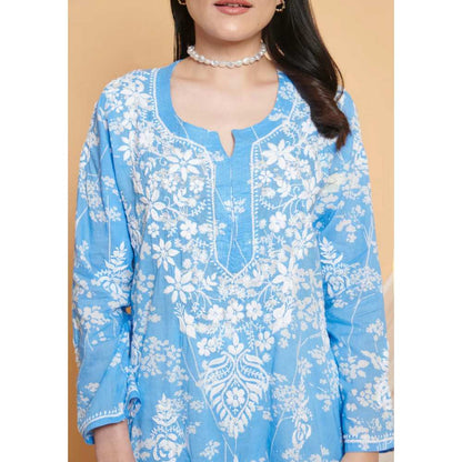 House of Chikankari Zainab Chikankari Mulmul Straight Kurta - Blue
